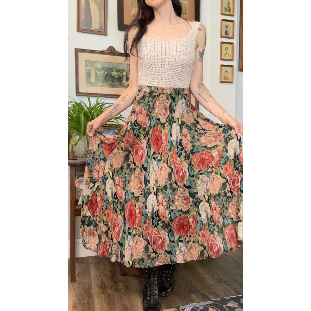 Vintage Double Layer Reversible Floral Maxi Skirt Rose Print Cottagecore Boho